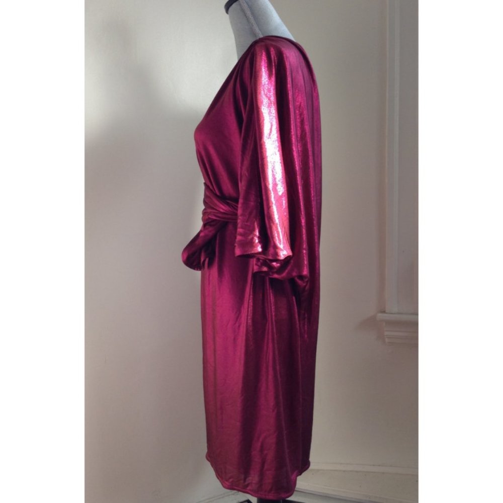 NWT $525 Halston Heritage One Shoulder Wrap Bordeaux Pink 70's Lamé Dress Sz 2 8 - Picture 3 of 14